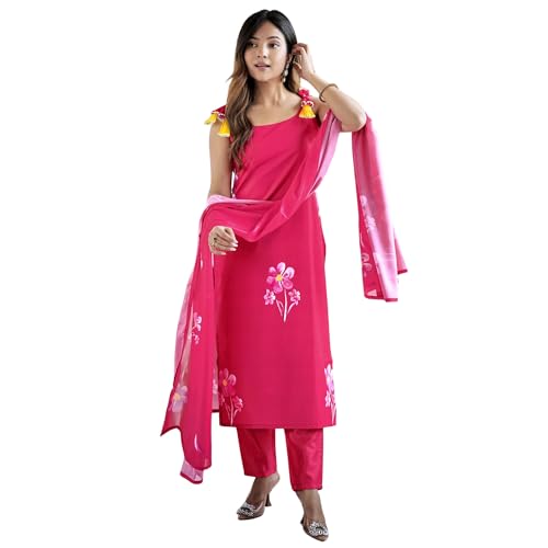 AVYUKTHA | Women Floral Embroidered Kurta with Pyjamas & Dupatta | Thread Work Ethnic Kurta Set for Women | Festive & Daily | Pink | Size- XL