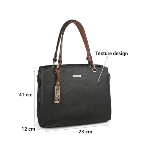 Metro Women Black Faux Leather Handbag with Detachable Sling (66-7852)