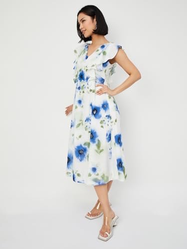 Max Women Floral Print A-line Midi Dress(White_M)