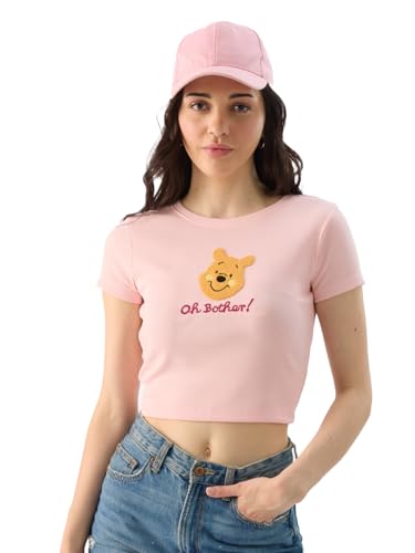 The Souled Store Official Winnie The Pooh: Blush Bear Women and Girls Short Sleeves Round Neck Slim Fit Ribbed Cropped Tops