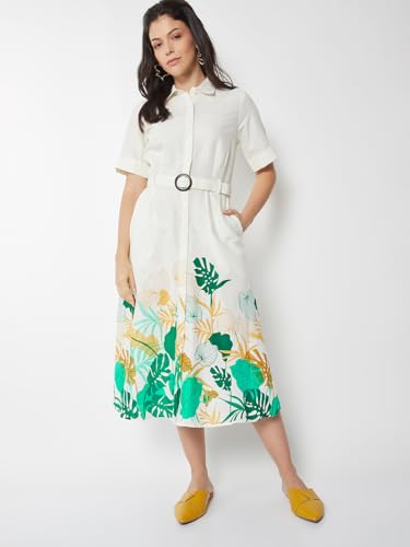 Max Women Printed Belted Shirt Dress (Off White_M)