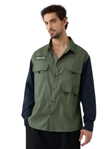 The Souled Store Naruto Shippuden: Kakashi Uniform Men and Boys Long Sleeves Collared Neck Button Front Green Embellished Regular Fit Cotton Utility Shirts
