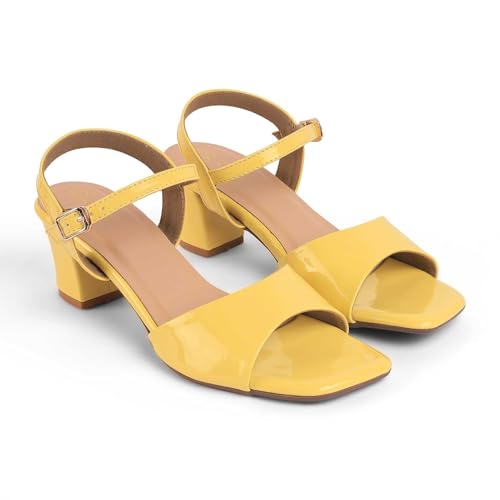 tresmode SOLOR Women's Block Heels Sandals Stylish Yellow, 6 UK / 39 EU - Square Toe Ladies Footwear Soft Comfortable Sandals