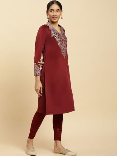 W for Woman Maroon Embroidered Flared Velvet Kurta (Size: 2XL)-24NOW10358-220780