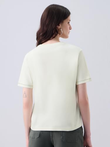 The Souled Store Pets On Prints: Women and Girls Short Sleeves Round Neck Off-White Embroidered Cotton Relaxed Fit Lightweight Everyday Streetwear T-Shirt