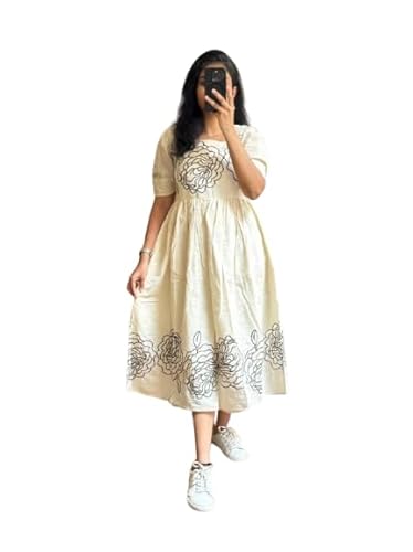 Kalanagri Floral Hand Block Print Cotton Midi Dress with Square Neck & Puff Sleeves Casual Fit & Flare Dress (Off White - XXL)