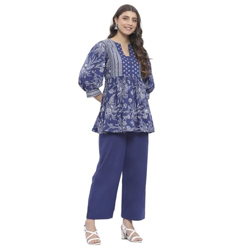 BIBA Women's Indigo Cotton Gathered Printed Co-ord Set_42