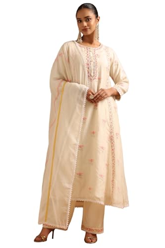 Soch Womens Cream Mul Chanderi Floral Salwar Suit With Thread Work