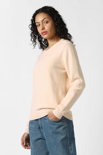 Women Beige Solid Round Neck Sweater