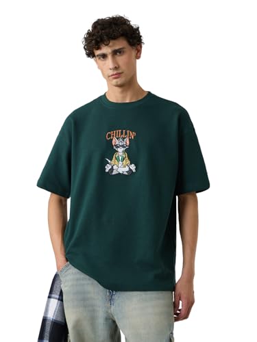 The Souled Store Tom & Jerry: Chillin' Men and Boys Short Sleeves Round Neck Green Embroidered Cotton Oversized T-Shirts