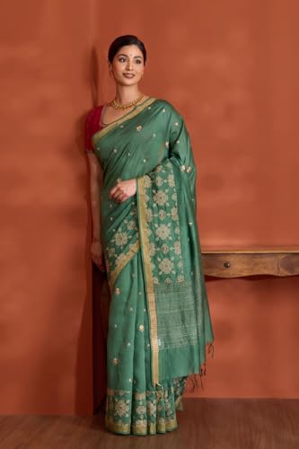 Taneira Women Dark Green Bengal Pure Silk Linen Embroidered Saree with Unstitched Blouse Piece (SAPH01AB0675-Dark Green)