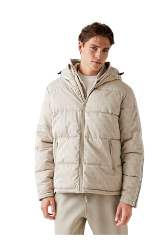 GUESS Men Beige Printed Hooded Jacket
