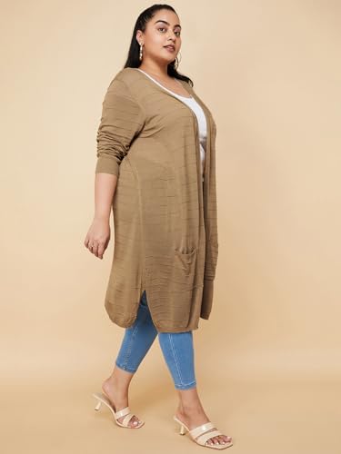 Max Women Plus Size Solid Open-Front Longline Shrug (SHRUG3201P_Beige)