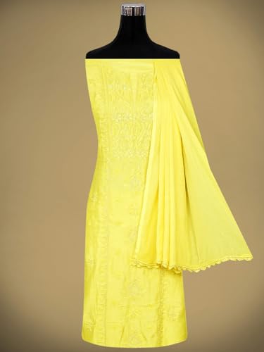 Ada Hand Embroidered Lucknowi Chikankari Unstitched Muslin Dress Material Suit Piece with Dupatta for Women with Zari Work 01A795829 Lemon