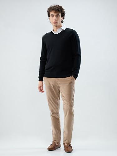 Raymond Men Regular Fit Solid Pattern Merino Wool Acrylic Blend Full Sleeve V Neck Casual Sweater Black