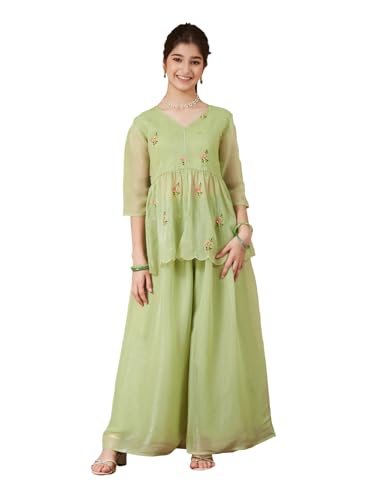 CURLY TALES ALPHA Girl's Light Green Polyester Floral Pattern Short Kurti with Plazzo |Etnic Wear