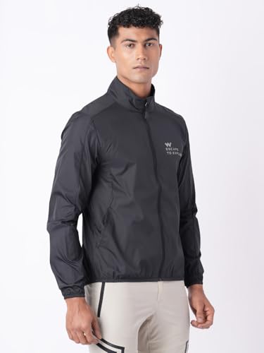 Wildcraft Men Sierra Solid Nylon Blend Collored Casual Wind Breaker Jacket, Full Sleeve - Regular fit, Black, XXXL