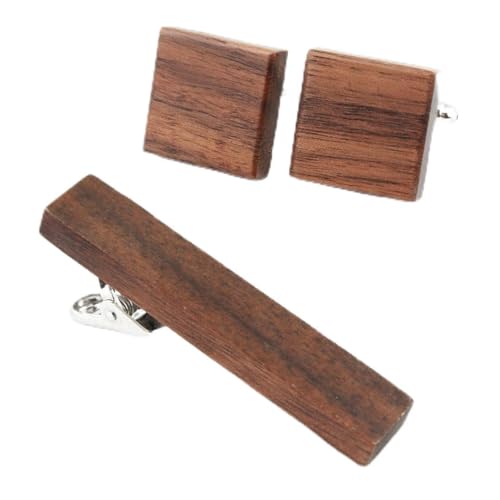 Peluche Walnut Stripes Teak Wood Silver Colored Cufflink and Tie Pin Set for Men