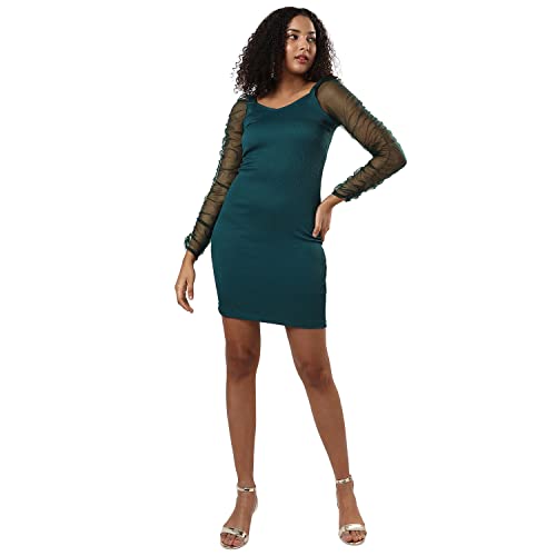 Campus Sutra Women's Solid Green Long Sleeve Mini Length Regular Fit Dress for Casual Wear | Sweetheart Neck Dress Crafted with Comfort Fit and High Performance for Everyday Wear