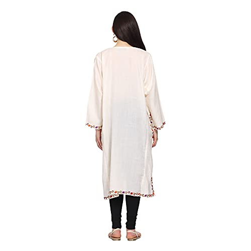 CRAFTBAZAR Kashmiri White phiran with Multi Colour Embroidery 100% Wool Plus Size
