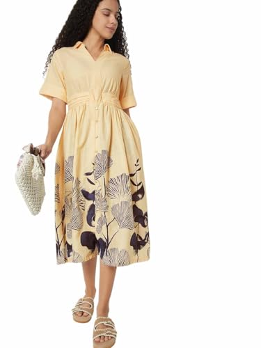 Max Women Floral Print Midi Shirt Dress(White_L)