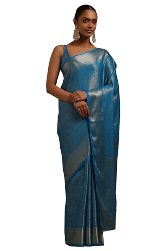 Soch Womens Turquoise Blue Georgette Floral Zari Woven Saree