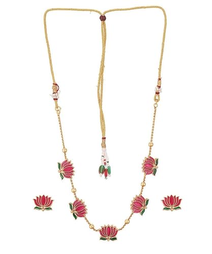 Mansiyaorange Pink & Green South Indian Temple Lotus Motif 18 K Gold-Plated Enamelled Ethnic Traditional Choker Neckalce & Earring Jewellery Set