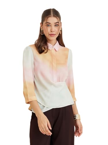 Latin Quarters Women's Pink Collar Neck 3/4Th Sleeves Tie-Dye Casual Top_S