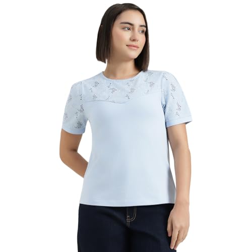 United Colors of Benetton Round Neck Schiffli Embroidery T-Shirt (Size : S) - 26P3KNTWVYK4I51B Blue