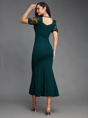 Miss Chase Women's Square Puff Sleeve Solid Lace Overlaid Ankle Length Dress (Plus (MCSS22D13-48-42-03, Dark Green, S)