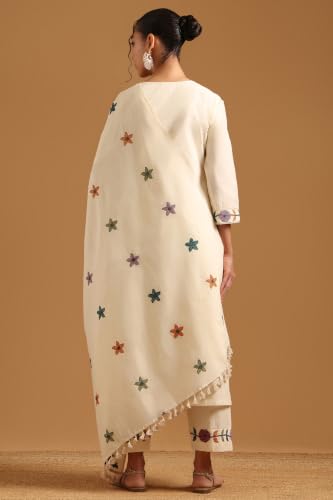 Soch Womens Off White Cotton Botanical Salwar Suit With Thread Work