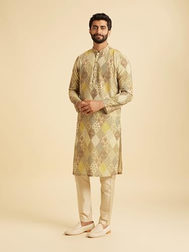 Manyavar Men's Cotton Blend Diamond Patchwork & Chikankari Kurta Pajama Set (Light Mid Green,S)