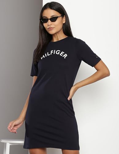 Tommy Hilfiger Navy Blue Cotton Printed Round Neck Short Sleeves Regular Fit Women Dress (F23HWDR029) Size-S