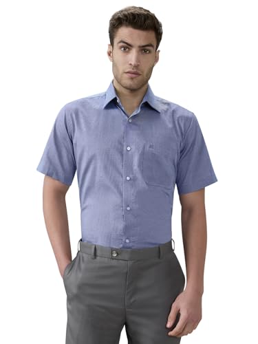 Raymond Men Regular Fit Solid Chambray Pattern Pure Cotton Semi Cutaway Collar Half Sleeve Formal Shirt
