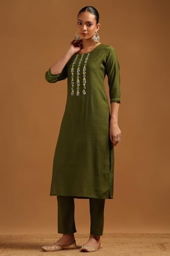 Soch Womens Olive Desert Storm Solid Kurta Set With Beads