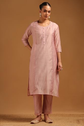 Soch Womens Blush Pink Chanderi Embroidered Suit Set With Machine Embroidery
