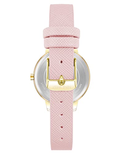 Nine West Women's Analog Watch, Light Pink Saffiano Faux Leather Strap, Vegan Leather Strap, Limited Movement, Second Hand Feature, Silver-Tone Dial with Floral Design