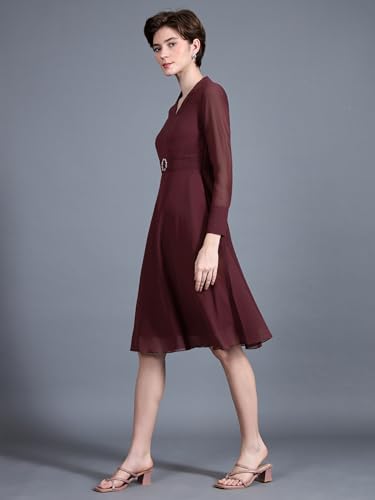 Miss Chase Women'sV-Neck Full Sleeve Fit Flare Midi Dress (MCAW24D94-99-184-02, Wine Red, XS)