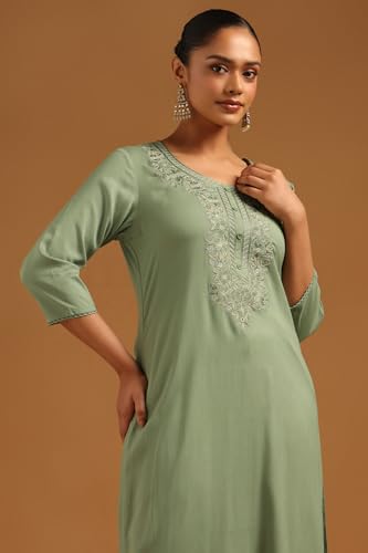 Soch Womens Sap Green Rayon Floral Kurta with Machine Embroidery and Thread Work