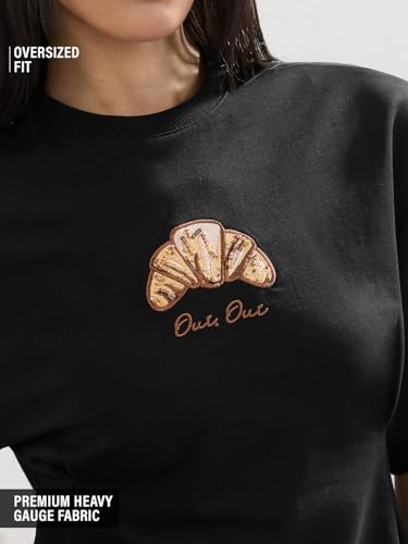 The Souled Store Emily in Paris: Croissant Women and Girls Short Sleeves Round Neck Black Embroidered Beaded Cotton Oversized Streetwear Casual Oversized T-Shirt