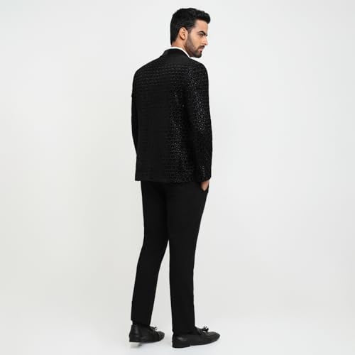 Park Avenue Men Modern Slim Fit Solid Pattern Pure Polyester Shawl Collar Full Sleeve Ceremonial Suit Black