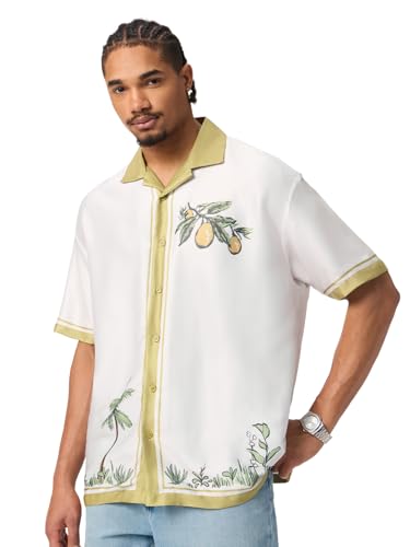 The Souled Store: Holiday Spirit Men and Boys Short Sleeve Cuban Collar White Botanical Print Polyester Lightweight Everyday Wear Easy to Style Casual Regular Fit Holiday Shirt