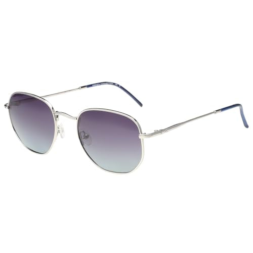 French Connection|Silver Full Frame Oval Sunglasses|Polarized | 100% UV Protection (UV 400) Blue Gradient Faded Lens|Men's & Women's|Small|FC 7642PL C3 51 S