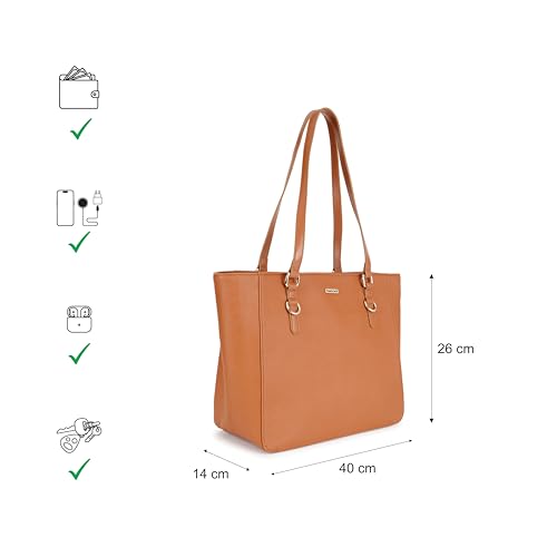 Fastrack CityStride tan Tote | Faux-Leather Women’s Handbag | Saffiano-Textured Tote for 14-Inch Laptop with Dual Compartments