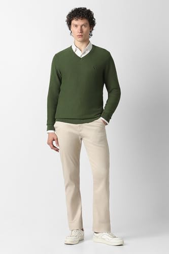 Men Olive Solid V Neck Sweater