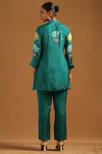 Soch Womens Teal Green Muslin Botanical Kurta Set With Hand Embroidery and Bead Details