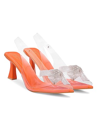 JM LOOKS Women Stylish Fashionable Party Heel Kitten Heel Sandal Embellished Heel Pointed Toe Back Strap for Wedding Party Evening Prom - Orange