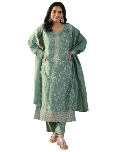 Women's Sea Green Silk Blend Straight Kurta Set With Dupatta And Pant
