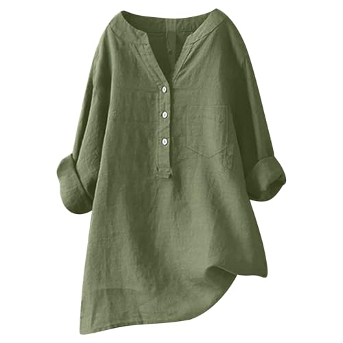 Plus Size Tops for Women Long Sleeve Casual Tunics Linen Button Down Shirt Tunic 2025 Spring Casual Loose Work Tops, 02#army Green, Small