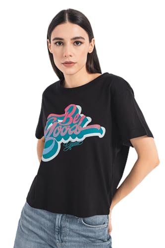 GUESS Women Black Embellished Round Neck Short Sleeves T-Shirt